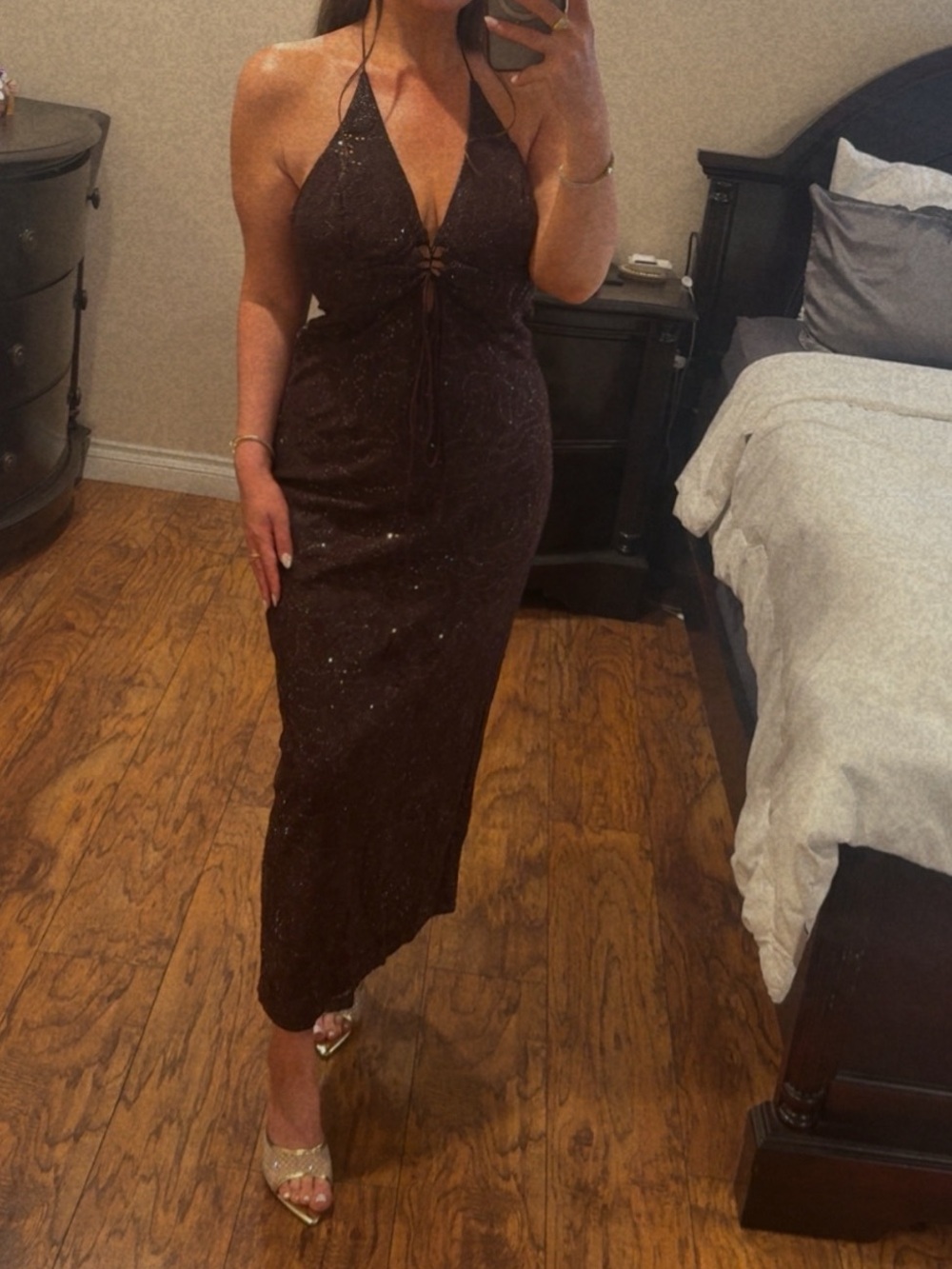 ASOS Sparkle Halter Midi Dress in Dark Brown